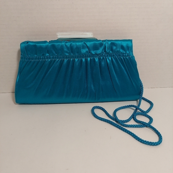 Kate Landry Blue Satin Clutch Evening Purse Crossbody Bag Rhinestone Closure - Picture 1 of 10